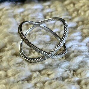 Sterling Silver Criss-Cross Ring With Cubic Zirconia Stones